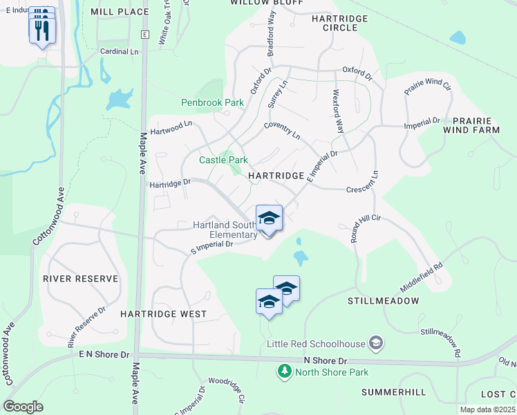 map of restaurants, bars, coffee shops, grocery stores, and more near 609 Ridgeway Drive in Hartland