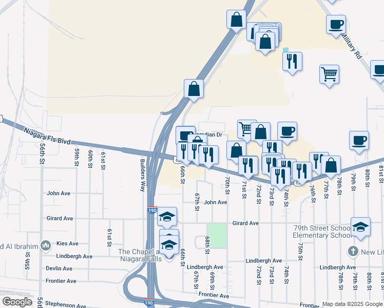map of restaurants, bars, coffee shops, grocery stores, and more near 6690 Niagara Falls Boulevard in Niagara Falls