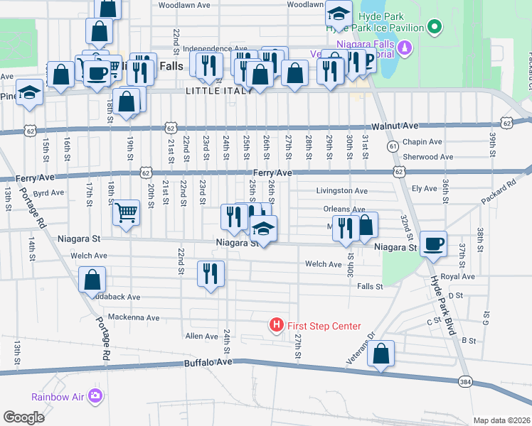 map of restaurants, bars, coffee shops, grocery stores, and more near 416 26th Street in Niagara Falls
