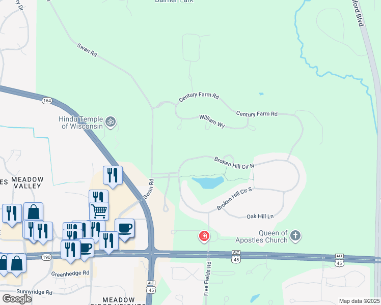 map of restaurants, bars, coffee shops, grocery stores, and more near N39W23823 Broken Hill Circle North in Pewaukee