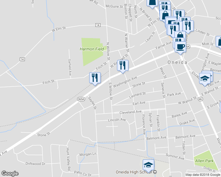 map of restaurants, bars, coffee shops, grocery stores, and more near 220 South Willow Street in Oneida