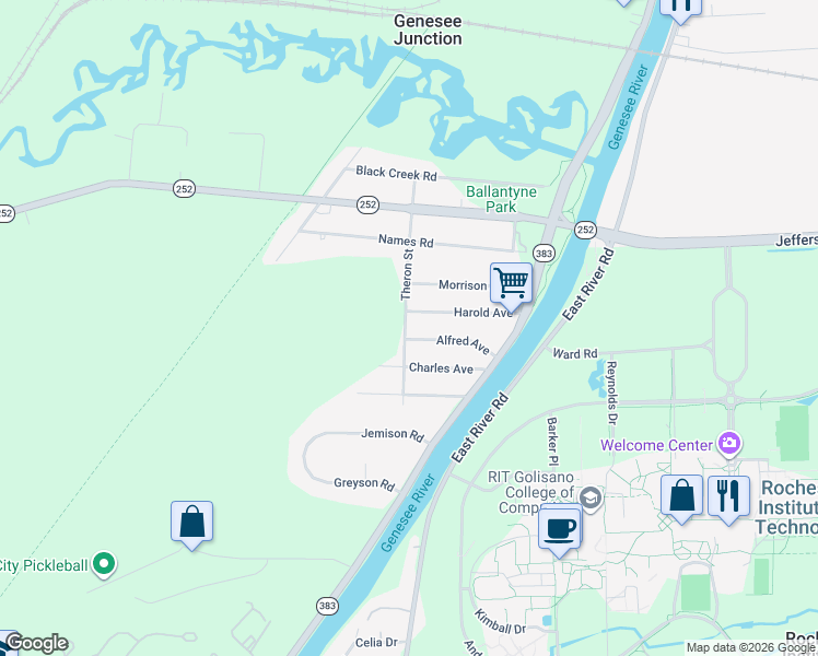 map of restaurants, bars, coffee shops, grocery stores, and more near 32 Theron Street in Rochester