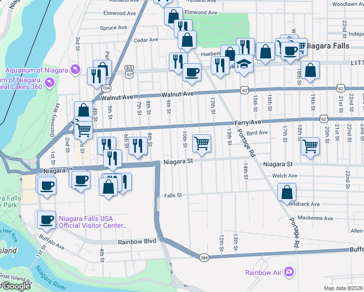 map of restaurants, bars, coffee shops, grocery stores, and more near 434 10th Street in Niagara Falls