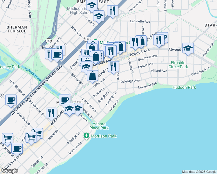 map of restaurants, bars, coffee shops, grocery stores, and more near 2026 Jenifer Street in Madison
