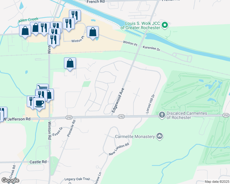 map of restaurants, bars, coffee shops, grocery stores, and more near 648 Surrey Hill Way in Rochester