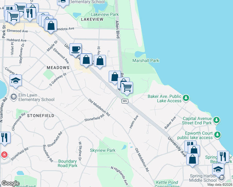 map of restaurants, bars, coffee shops, grocery stores, and more near 2035 Allen Boulevard in Middleton