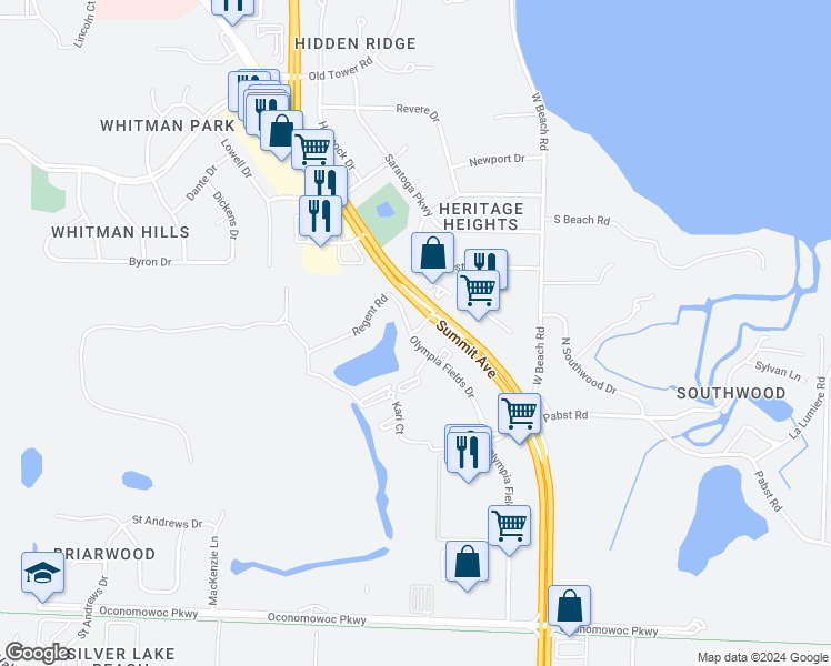 map of restaurants, bars, coffee shops, grocery stores, and more near 1081 Regent Road in Oconomowoc