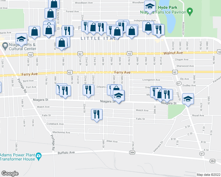 map of restaurants, bars, coffee shops, grocery stores, and more near 2425 Orleans Avenue in Niagara Falls