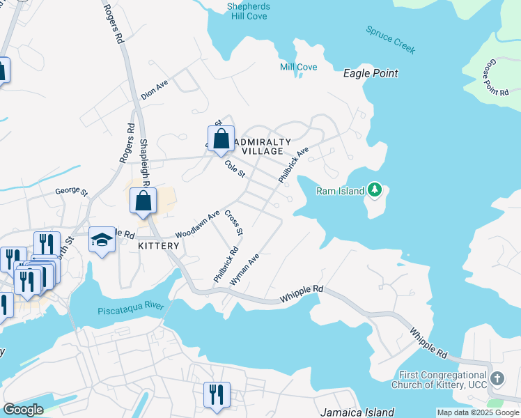 map of restaurants, bars, coffee shops, grocery stores, and more near 53 Philbrick Avenue in Kittery