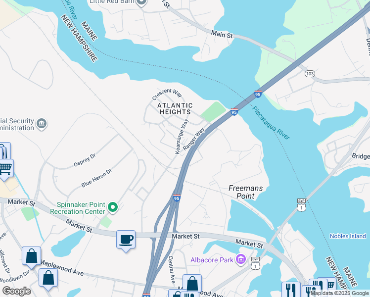 map of restaurants, bars, coffee shops, grocery stores, and more near 21 Raleigh Way in Portsmouth