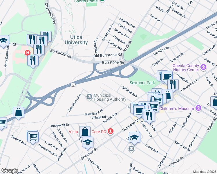 map of restaurants, bars, coffee shops, grocery stores, and more near 928 Symonds Place in Utica