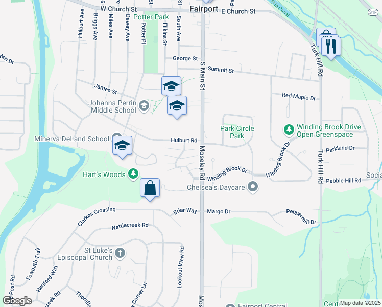 map of restaurants, bars, coffee shops, grocery stores, and more near 4 High Gate Trail in Fairport
