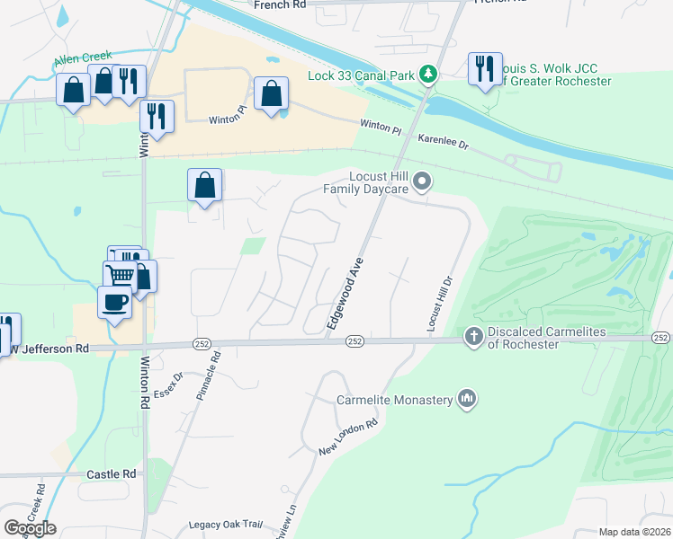 map of restaurants, bars, coffee shops, grocery stores, and more near 648 Surrey Hill Way in Rochester