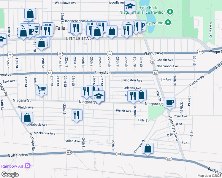 map of restaurants, bars, coffee shops, grocery stores, and more near 483 27th Street in Niagara Falls