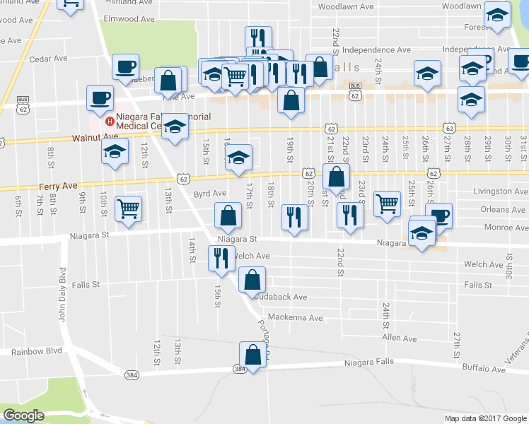 map of restaurants, bars, coffee shops, grocery stores, and more near 463 17th Street in Niagara Falls