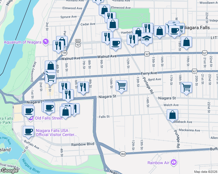 map of restaurants, bars, coffee shops, grocery stores, and more near 457 10th Street in Niagara Falls