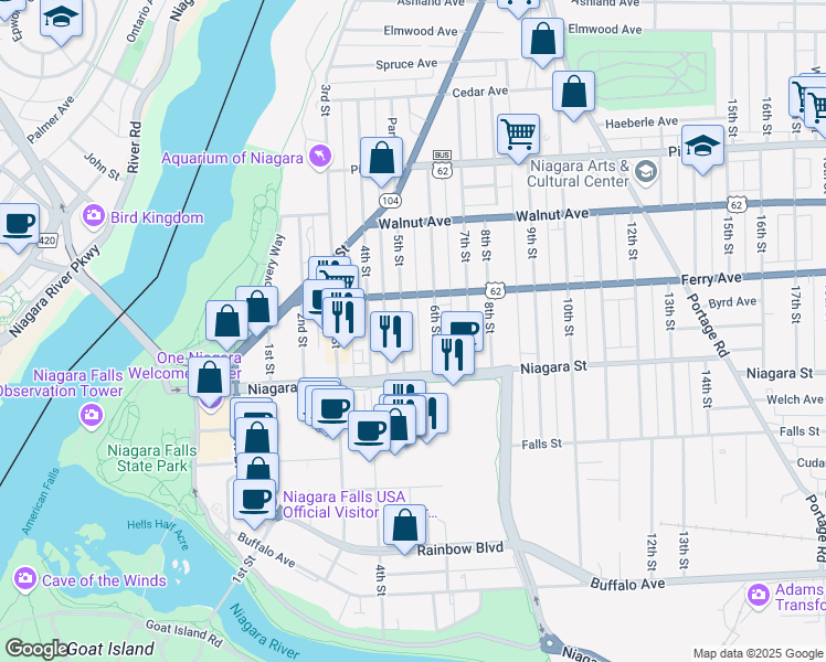 map of restaurants, bars, coffee shops, grocery stores, and more near 466 1/2 6th Street in Niagara Falls
