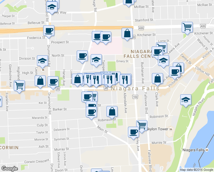 map of restaurants, bars, coffee shops, grocery stores, and more near in Niagara Falls