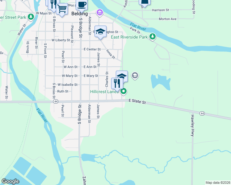 map of restaurants, bars, coffee shops, grocery stores, and more near 701-999 Hall Street in Belding