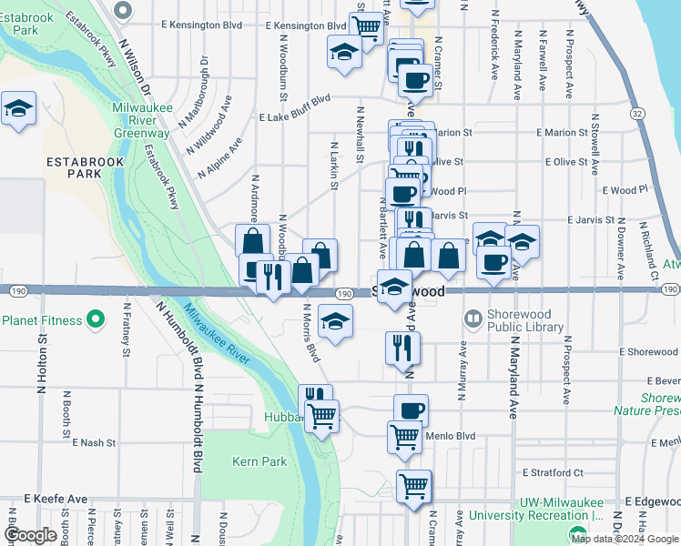 map of restaurants, bars, coffee shops, grocery stores, and more near 4042 North Larkin Street in Milwaukee