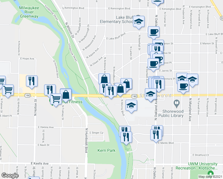 map of restaurants, bars, coffee shops, grocery stores, and more near 4111 North Woodburn Street in Shorewood