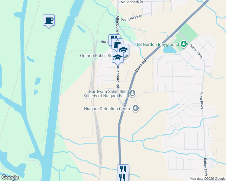 map of restaurants, bars, coffee shops, grocery stores, and more near 17 Lynn Crescent in Thorold