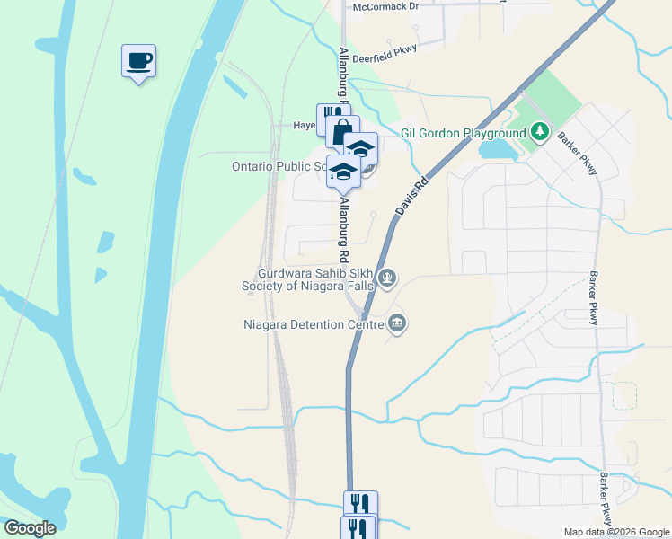 map of restaurants, bars, coffee shops, grocery stores, and more near 17 Lynn Crescent in Thorold