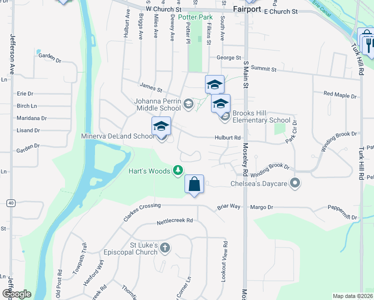 map of restaurants, bars, coffee shops, grocery stores, and more near 170 Hulburt Road in Fairport