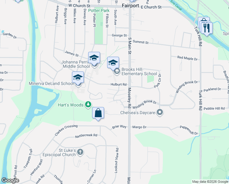 map of restaurants, bars, coffee shops, grocery stores, and more near 4 High Gate Trail in Fairport