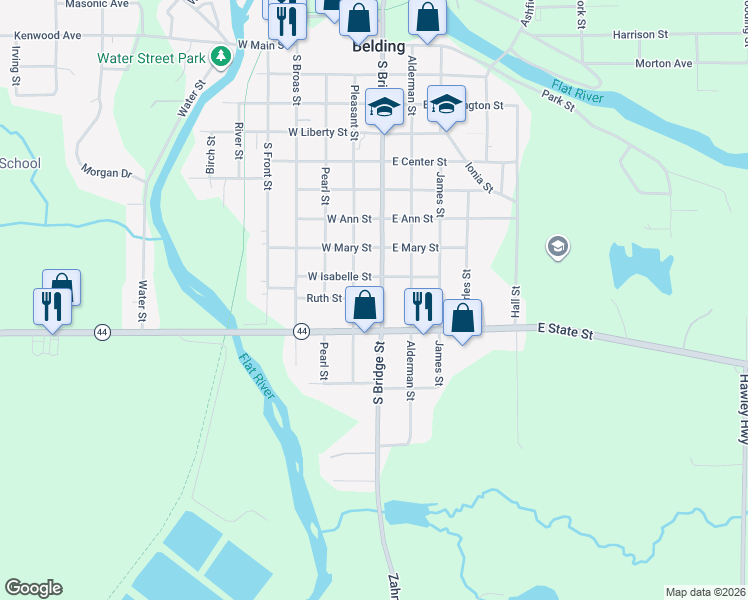 map of restaurants, bars, coffee shops, grocery stores, and more near 109 East Isabelle Street in Belding