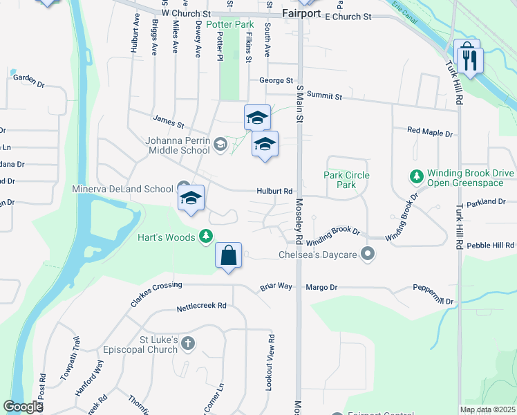 map of restaurants, bars, coffee shops, grocery stores, and more near 1 High Gate Trail in Fairport