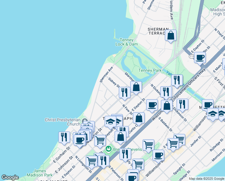 map of restaurants, bars, coffee shops, grocery stores, and more near 451 North Few Street in Madison