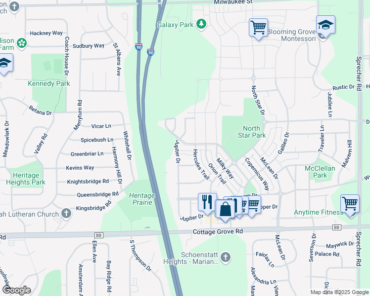 map of restaurants, bars, coffee shops, grocery stores, and more near 558 Hercules Trail in Madison
