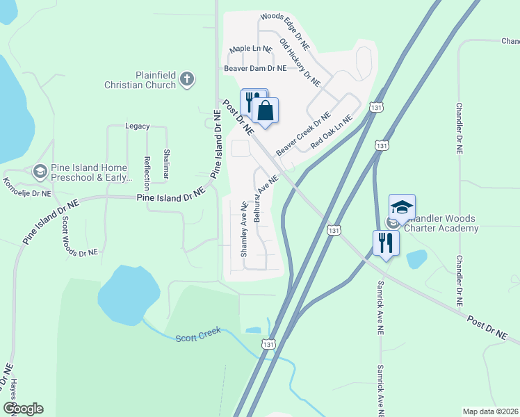 map of restaurants, bars, coffee shops, grocery stores, and more near 1335 Palmetto Court Northeast in Plainfield charter Township