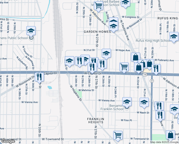 map of restaurants, bars, coffee shops, grocery stores, and more near W Capitol Dr & N 28th St in Milwaukee