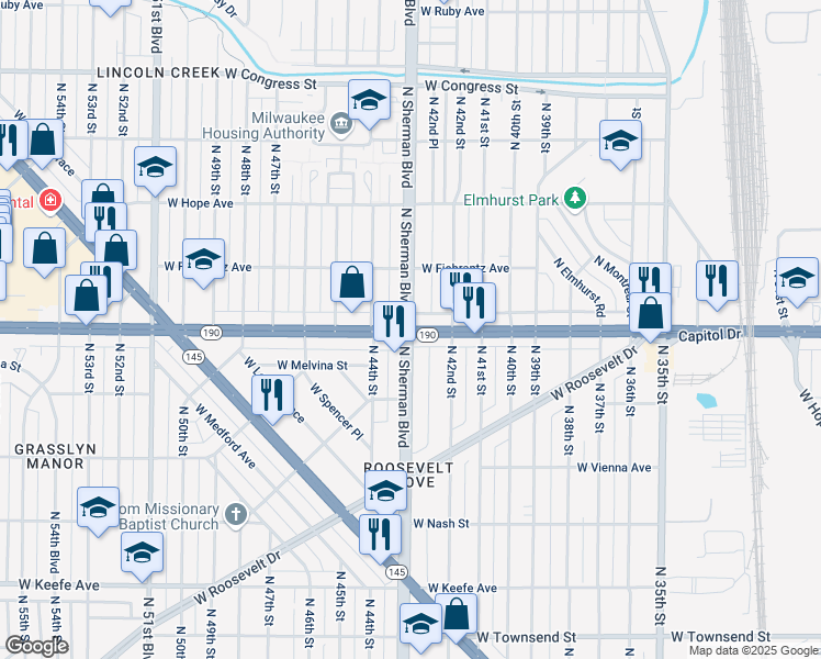 map of restaurants, bars, coffee shops, grocery stores, and more near W Capitol Dr & N Sherman Blvd in Milwaukee