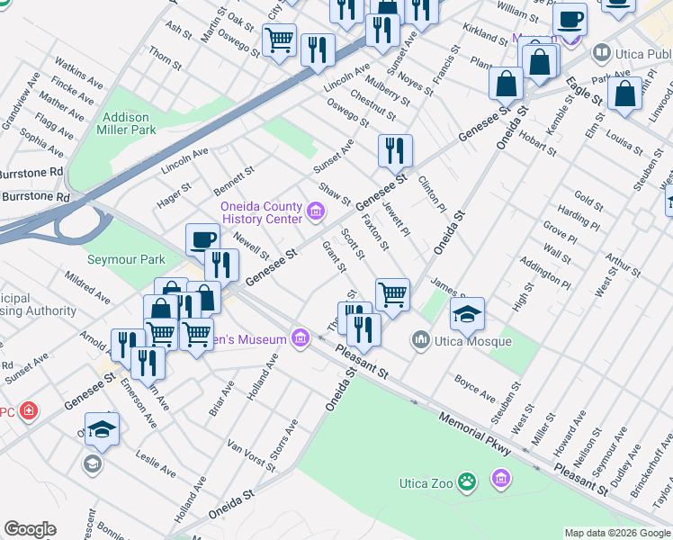 map of restaurants, bars, coffee shops, grocery stores, and more near 10 Grant Street in Utica