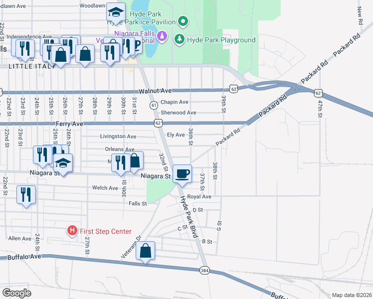 map of restaurants, bars, coffee shops, grocery stores, and more near 3253 Ely Avenue in Niagara Falls