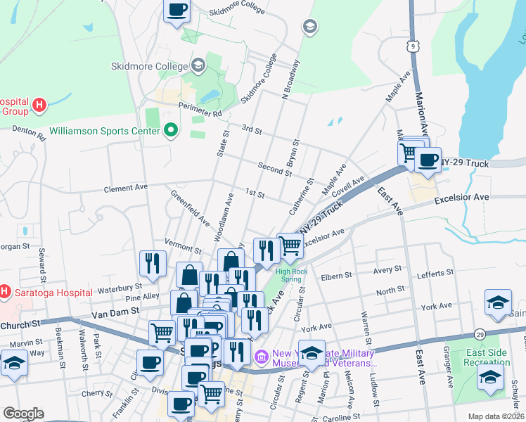 map of restaurants, bars, coffee shops, grocery stores, and more near 687 North Broadway in Saratoga Springs
