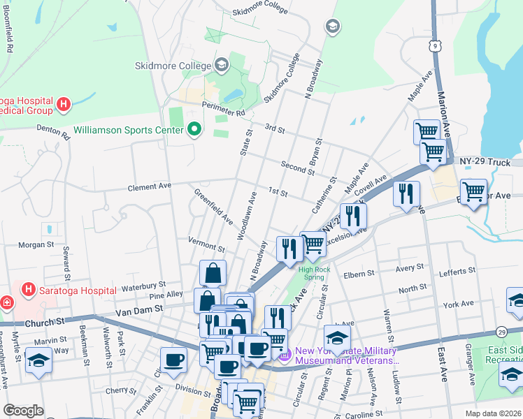 map of restaurants, bars, coffee shops, grocery stores, and more near 207 Woodlawn Avenue in Saratoga Springs