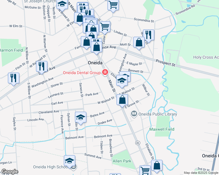 map of restaurants, bars, coffee shops, grocery stores, and more near 320 Main Street in Oneida