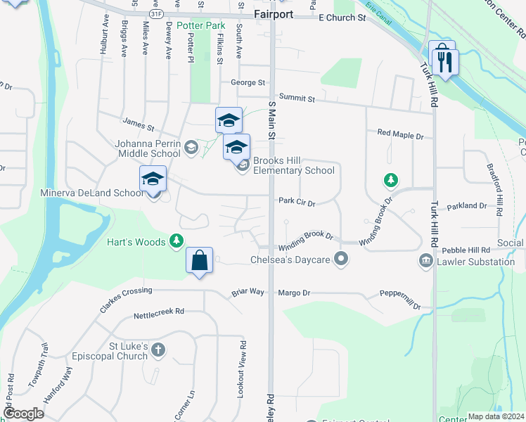 map of restaurants, bars, coffee shops, grocery stores, and more near 257 Hulburt Road in Fairport