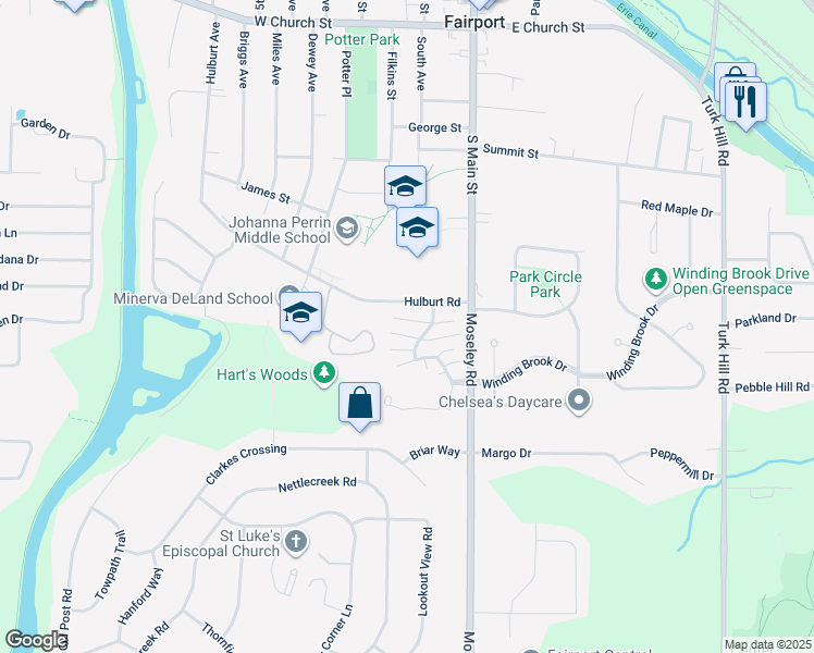 map of restaurants, bars, coffee shops, grocery stores, and more near 1 High Gate Trail in Fairport