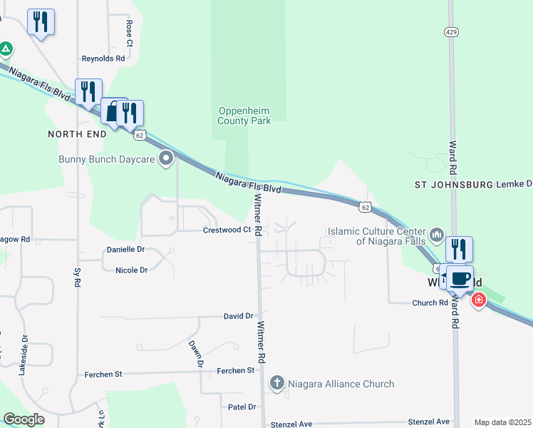 map of restaurants, bars, coffee shops, grocery stores, and more near 6879 Witmer Road in North Tonawanda