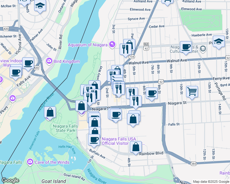 map of restaurants, bars, coffee shops, grocery stores, and more near 473 3rd Street in Niagara Falls