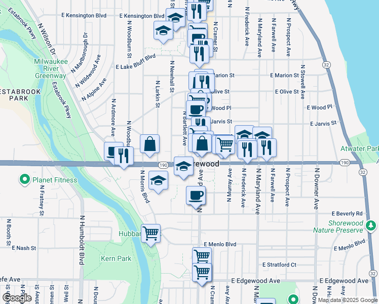 map of restaurants, bars, coffee shops, grocery stores, and more near 4035 North Oakland Avenue in Shorewood