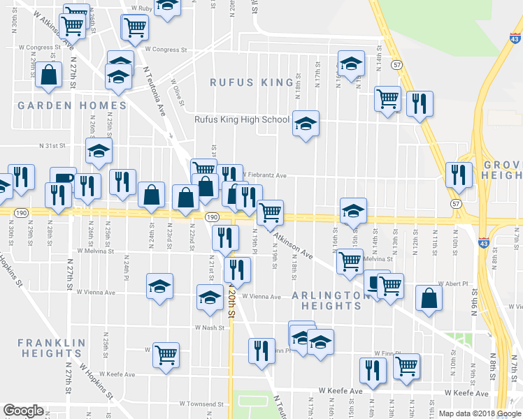 map of restaurants, bars, coffee shops, grocery stores, and more near 4039 North 19th Place in Milwaukee