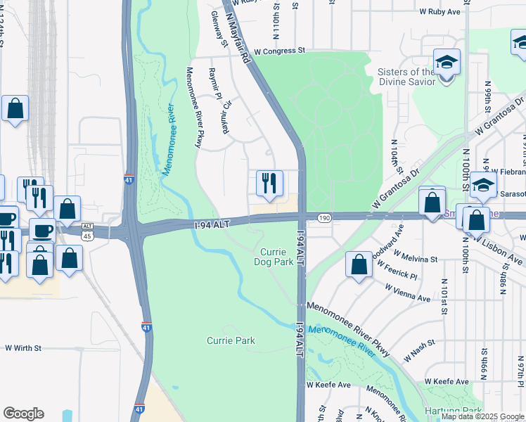 map of restaurants, bars, coffee shops, grocery stores, and more near 10913 Glenway Court in Wauwatosa