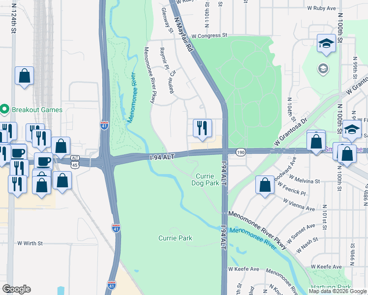 map of restaurants, bars, coffee shops, grocery stores, and more near 4035 North 110th Street in Wauwatosa