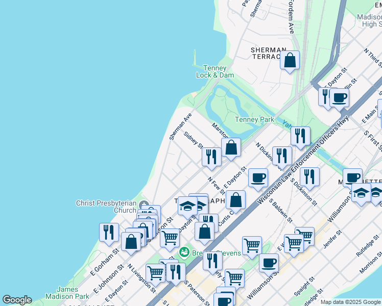 map of restaurants, bars, coffee shops, grocery stores, and more near 451 North Few Street in Madison